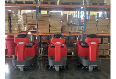 Three Ride-On Floor Scrubbers Ready to Be Shipped to a Canadian Client’s Logistics Park